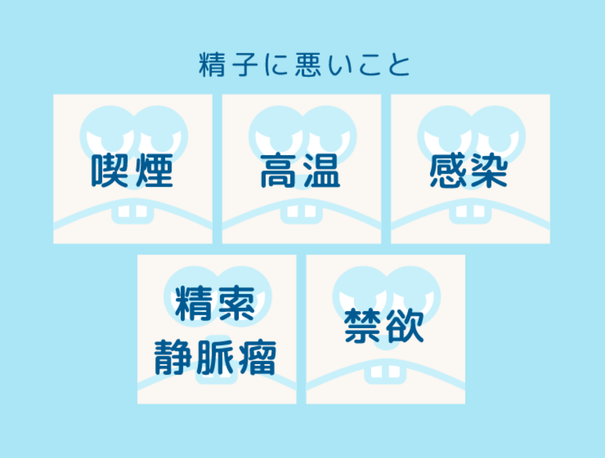 精子に悪いことは、喫煙・高温・感染・精索静脈瘤・禁欲