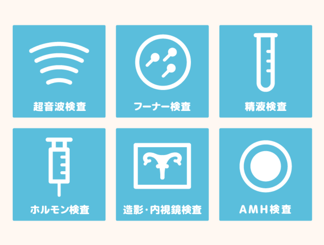 超音波検査、フーナー検査、聖液検査、ホルモン検査、造影・内視鏡検査、AMH検査